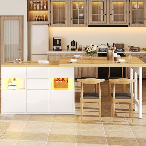 Îlot de cuisine rotatif 120-197 x 40 x 73,8 cm, LED RGB, 4 tiroirs, portes vitrées, rangement, blanc (1/5)