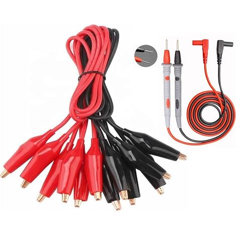 Lot de 10 pinces crocodiles avec câble et pointes de mesure multimètre 50 cm/24 AWG CAT III 1000 V/20 A pour multimètre oscilloscope compteur LCR Pince crocodile double isolée (1/5)
