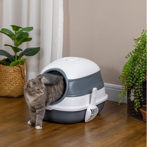 Maison de toilette pliable pour chat avec filtre et pelle, 52x41x38 cm, blanc gris DESVIAE (1/4)
