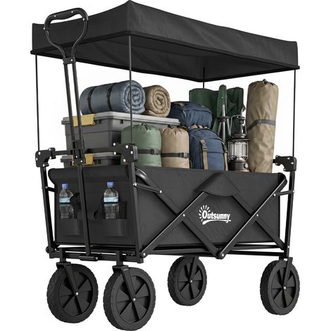 Chariot pliant avec toit, capacité 110 L, structure en acier, 97 x 52 x 105 cm, noir (1/5)