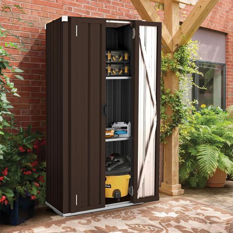 YODOLLA Outdoor Tall Garden Storage Cabinet Shed with 3 Adjustable Shelves - Weatherproof Metal Cupboard for Garage & Patio - Brown