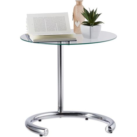 d'appoint réglable en hauteur max. 70 cm, chromée, ronde, Table café, surface en verre 46 cm Ø, argenté, acier, 1 élément (1/5)