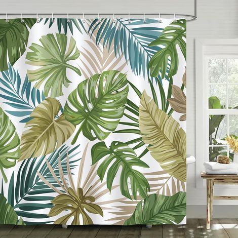 e Rideau de Douche Feuille de Palmier Tropical Vert Bleu Rideau de Bain Tissu Polyester Anti Moisissure Imperméable Lavable Rideau Salle de Bain 180 x 180 cm avec 12 Crochets pour Baignoire (1/5)