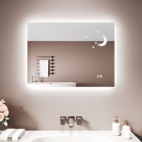 SIRHONA Miroir lumineux de salle de bain - Miroir de Salle de Bain LED Étoile & Lune - Antibuée, 3 Tons de Lumière, Prise Intégrée, 100x60 cm