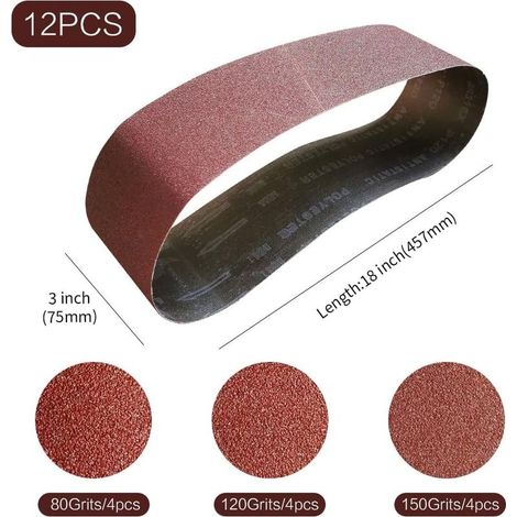 Bande Abrasive 75 x 457 mm Bande de Ponceuse - Ensemble de Bandes Abrasives Mixte (4 X grains 80/120/150) pour Ponceuses à Bande,Idéale pour le Bois(12 pièces) (1/5)
