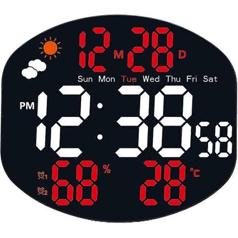 Réveil numérique mural avec station météo, affichage de l'humidité, de la température, de la luminosité automatique, de la date, deux alarmes, pose ou suspension. (1/5)