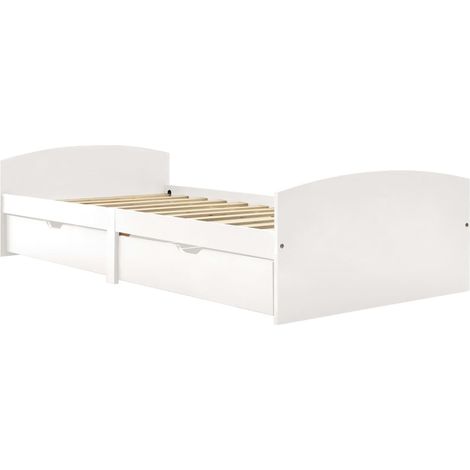 Lit adulte pour 1 personnes avec 2 tiroirs, Structure de lit, Assemblage Facile, Blanc Bois de pin massif 90x200 cm OIB1978E (1/5)