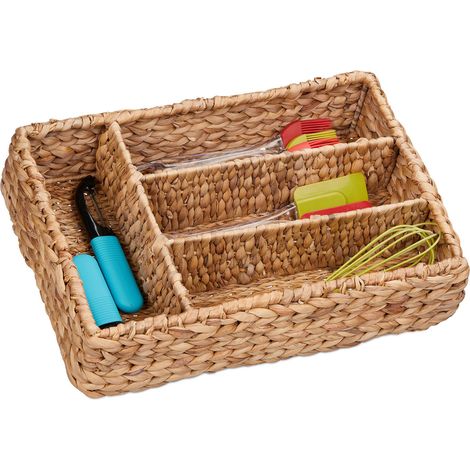 Relaxdays Cutlery Tray with 4 Compartments, Drawer Organiser, HxWxD: 10.5 x 42 x 29 cm, made of Water Hyacinth, Natural
