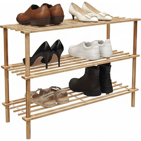 Relaxdays Schuhregal Bambus, 3 Ebenen, für 9 Paar Schuhe, HBT: 48,5 x 74 x 26 cm, Schuhständer mit Gitterablagen, natur