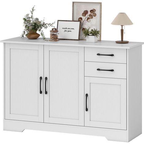Buffet, meuble de rangement avec 3 portes, 2 tiroirs et étagère réglable, 120 x 38 x 79 cm, blanc (1/5)