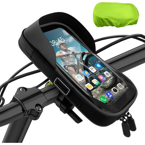 Support Téléphone Etanche,Sacoche Vélo Guidon Cadre, Porte Téléphone Vélo VTT Trottinette Moto avec Housse de Pluie Rotation 360 Écran Tactile pour Smartphone 7 Pouces (1/5)