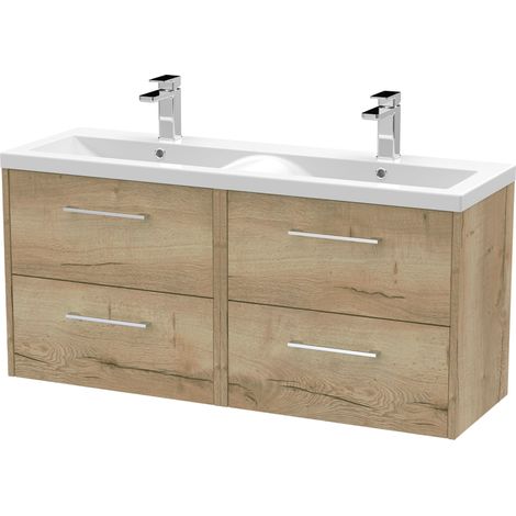 Winshill Contemporary 4 Drawer Wall Hung Vanity Unit with Double Basin, Light Oak, 1200mm