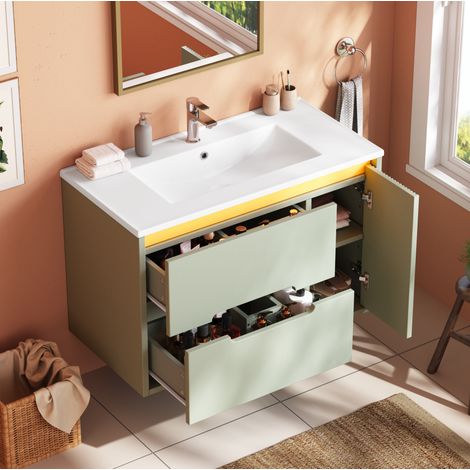Mobile lavabo sospeso 81 cm con lavabo in ceramica, LED controllato da app, verde DESVIAE (1/5)