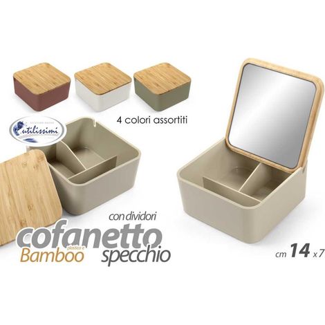 1 Pezzo Contenitore con Specchio in Plastica e Bamboo 14 x 7 cm 4 Colori (1/2)