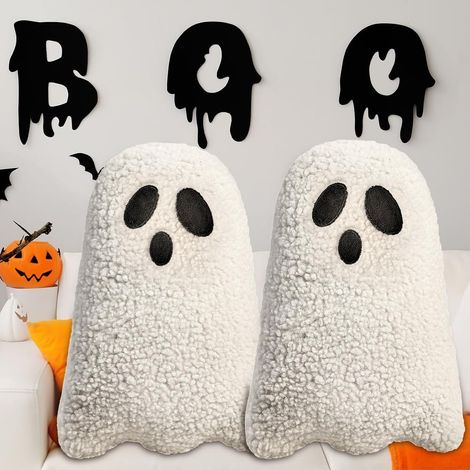 Coussins fantômes, décoration fantôme, lot de 2 coussins décoratifs d'intérieur pour Halloween (blancs, motif fantôme mignon)  coussins en peluche fantômes pour canapé ou lit (30 cm) (1/5)