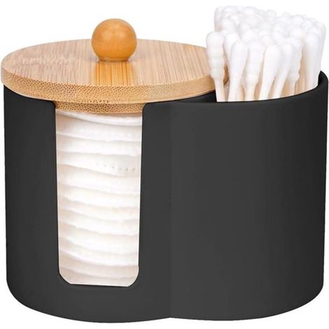 Organisateur de rangement pour accessoires de salle de bain - Distributeur en plastique pour cotons-tiges et disques de coton avec couvercle - Boîte de rangement pour disques et fil dentaire - Noir (1/5)