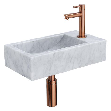Saniclass Fuente ensemble lave-mains - 40x22 - 1 trou de robinet - droite - marbre - robinet de lave-mains cuivre - blanc