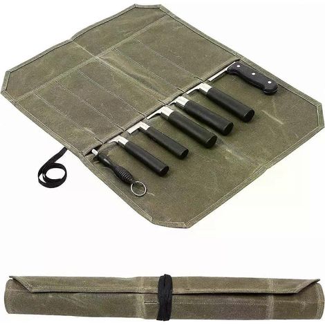 Messeraufbewahrungstasche aus gewachstem Canvas, ideal für Koch, Picknick, Camping, Grillen, Küche, tragbar, Aufbewahrungstasche, Aktenrolle (1/4)