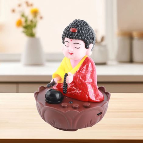 [Statue décorative chantante] Figurine bouddhiste avec mouvement et musique USB pour tableau de bord voiture / décor bureau - Lot 1 avec support, Plastique, 9x9x11.3cm (1/5)
