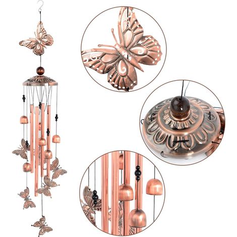 Campanelli eolici a forma di farfalla, 4 tubi cavi, 6 campane in metallo, decorazioni da giardino, decorazioni per esterni, interni e patio, campane a vento uniche (1/4)