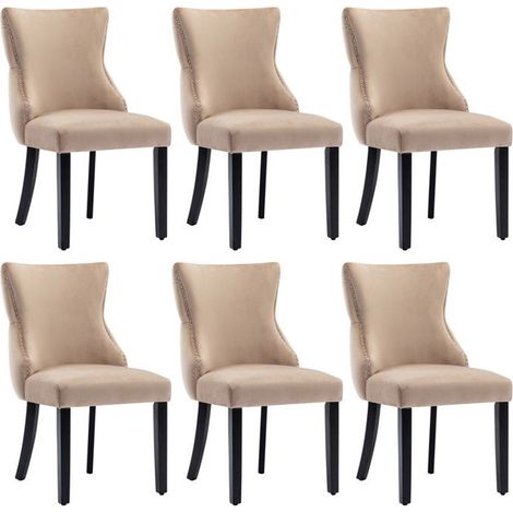 Chaise - Capitonnée Velours - Beige - Pieds bois massif - Lot de 6