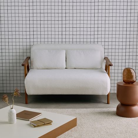 Banquette canapé convertible 2 places bois d'hévéa teinté noyer clair et bouclette texturée L 133 x P 81 x 84cm - Sven Bouclette texturée Blanc