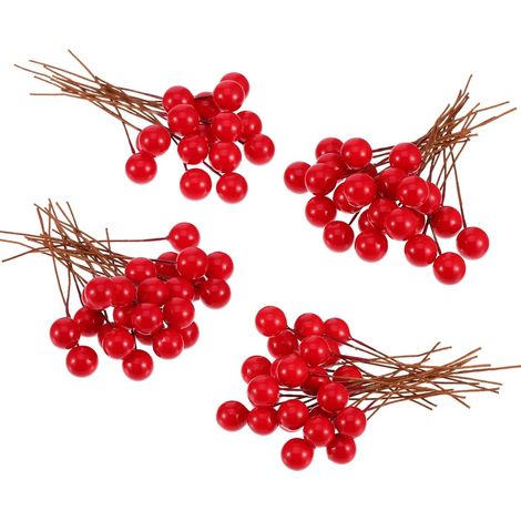 Künstliche Stechpalmenbeeren, 100 Stück Mini 10mm künstliche Beeren Dekoration am Draht für Weihnachtsbaumschmuck, Blumenkränze, DIY-Bastelarbeiten (Rot) (1/5)