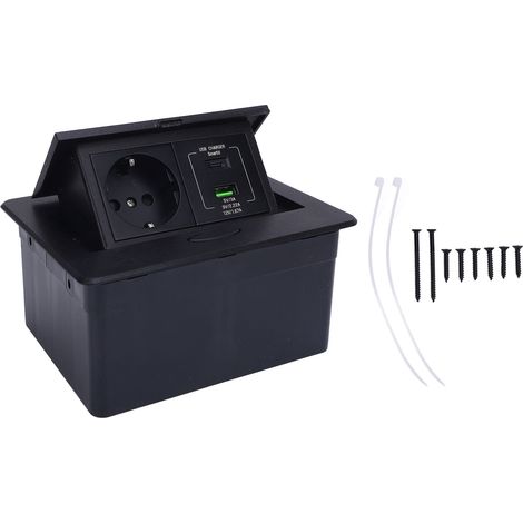 Boîte de sortie encastrée au sol, Kit de prise plate en alliage d'aluminium étanche à l'eau avec 2 trous à broches PD 20W trous USB A C noir