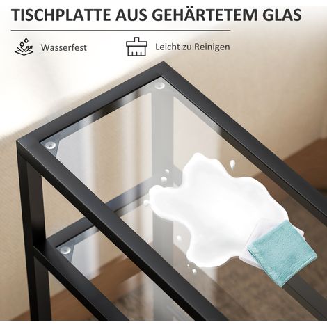 Étagère 3 étagères en verre trempé, 18 cm de large, cadre en métal acier noir, traverses incluses (1/4)
