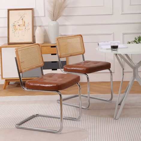 Lot de 2 chaises de salle à manger en rotin – Rembourrage, dossier en maille, pieds métal chromé, sans accoudoirs, marron – Aération et légèreté (1/5)
