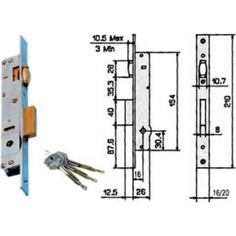 2PZ SERRATURA INFILARE MONTANTI CATENACCIO RULLO 902K mm16 90211116