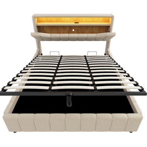 Cama arcón 180x200 cm beige en lino con sistema hidráulico, LED, puertos USB y USB-C MODENUIT (1/5)
