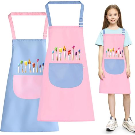 Tablier Enfant, 2 Pièces Tablier Enfants avec Poches, Tablier Peinture Enfant, Réglables Tablier de Chef pour Garçons Filles Artisanat Peinture Cuisine Rose et Bleu, 7-12 Ans (1/5)