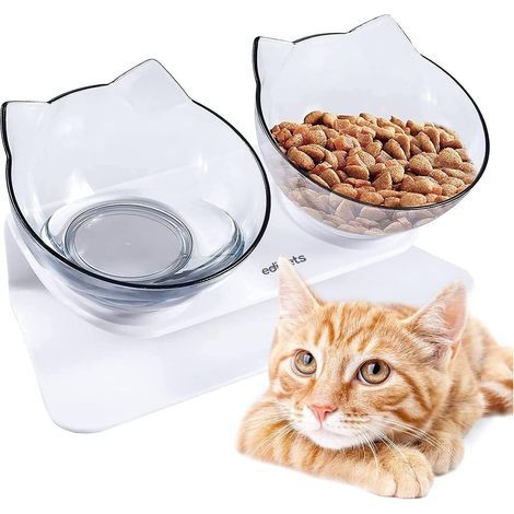 Gamelle Chat, Transparent, Bol Double Réglable, avec Support Surélevé, Eau et Nourriture, Évite Les Blessures au Cou (Transparent) (1/5)