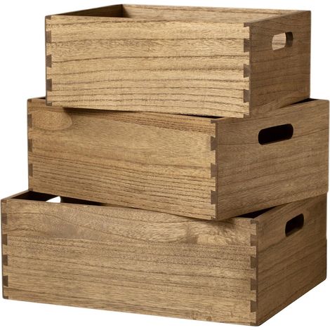 Boîtes de rangement en bois, 3 caisses emboîtables, brun foncé Paulownia massif, fait main, tenons et mortaises, livré monté, sans couvercle, poignées latérales, huile végétale (1/5)