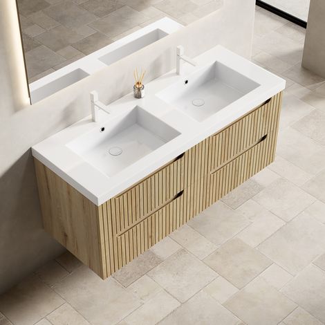 Meuble vasque suspendu 120 cm avec 2 vasques intégrées, 4 tiroirs, blanc chêne (1/5)