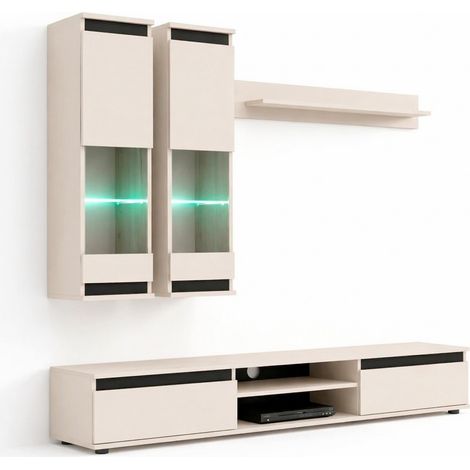 Parete Attrezzata Soggiorno Mobile Tv Vetrine Led Mensola Design Moderno Living Arredo Casa Contemporaneo Contenitore Multimediale Vani Giorno Cassetti Resistente 175x 150x 37 Cm Cashmere E Nero (1/5)
