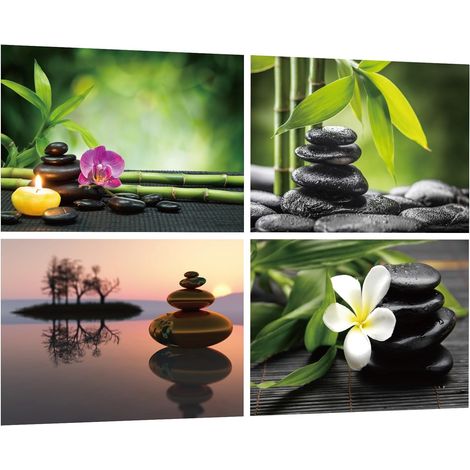 Lot de 4 stickers muraux - Pierres zen - Plantes vertes - Fleurs et spa - Poster autocollant pour salle de bain - Pour décoration de toilettes, salon, salle à manger, bureau - 50 x 35 cm (f) (1/5)