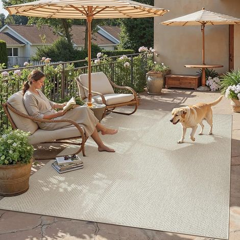 Tapis Exterieur Resistant Pluie 160x230cm Beige Terrasse Carpet Salon,Extérieur Grand Rug,Antidérapant Lavable,Balcon Rugs,Jardin Carpets,Descente De Lit,Salle A Manger,Moderne,Jute Aspect (1/5)