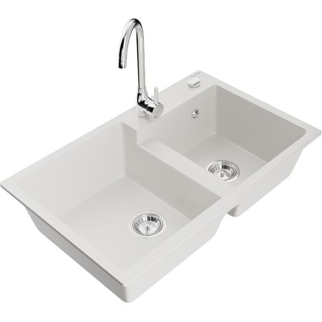 Mexen Tomas fregadero de granito de 2 senos con grifo de cocina Telma, blanco - 6516-20-670200-00
