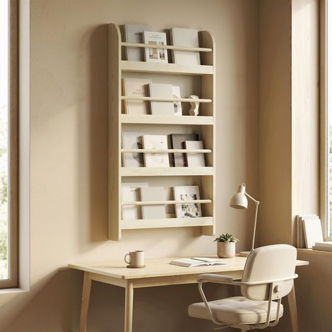 Estantería de Pared de Libros con 4 Estantes Librería Infantil para Hogar Oficina Carga 30kg 59x12x113cm Natural (1/5)
