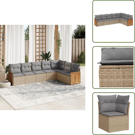 7-tlg. Garten-Sofagarnitur mit Kissen Beige Poly Rattan - Gartengestelle - Gartenmöbelset - Lounge Set - Rattan Möbel - Gartenlounge (1/5)