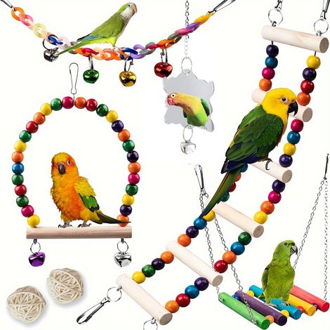 Lot de 7 jouets pour oiseaux – Bois – Balançoire – Échelle 45 cm – Pour perruches, conures et calopsittes (1/4)