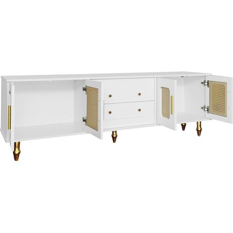 Mueble TV retro blanco con puertas de ratán PVC, tiradores dorados y patas metálicas (1/5)