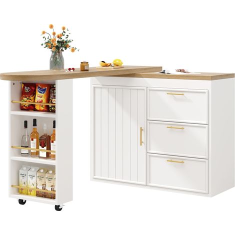 Table de bar avec fonction pivotante à 360°, étagères réglables et protection anti-basculement, 3 tiroirs et tablette latérale, table haute polyvalente pour salle à manger, salon et bureau à domicile (1/5)