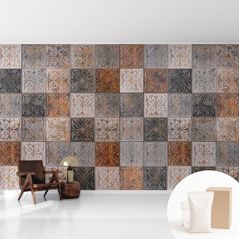 Papier peint intissé mural avec imprimé motifs décoratifs - style contemporain - Colle incluse gratuite Carreaux ornementaux 416x254 cm (1/5)