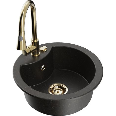 Mexen Diego Granitspüle 1-Becken mit Küchenarmatur Elia, schwarz/gold metallic - 6512-75-670101-50 (1/5)