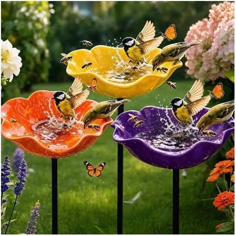 Piquet de jardin en métal avec fleurs éternelles et bain d'oiseaux pour pollinisateurs (30 cm)