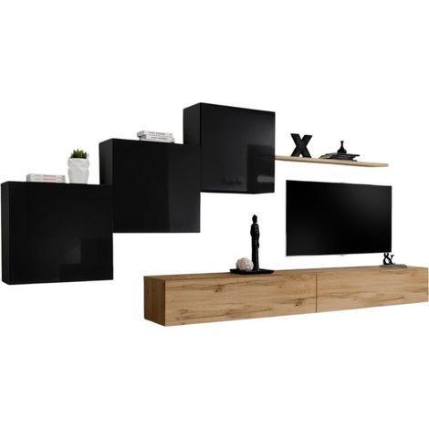 Composizione murale SWITCH X – Mobile TV da parete, cubi sospesi e mensola – Rovere Wotan e nero lucido – Design moderno