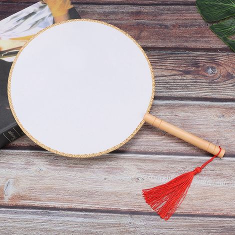 Éventail classique rond en soie avec manche en bois et pompon, cadeau décoratif (manche en bois rond et tissu de soie blanche) (1/5)